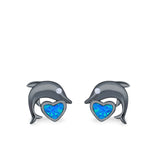 Dolphin Heart Stud Earrings Simulated CZ Lab Created Opal 925 Sterling Silver (7mm)