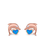 Dolphin Heart Stud Earrings Simulated CZ Lab Created Opal 925 Sterling Silver (7mm)