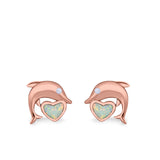 Dolphin Heart Stud Earrings Simulated CZ Lab Created Opal 925 Sterling Silver (7mm)