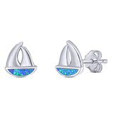 Sail Boat Stud Earring Created Opal Solid 925 Sterling Silver (9mm)