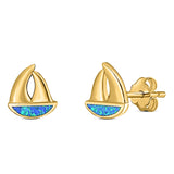 Sail Boat Stud Earring Created Opal Solid 925 Sterling Silver (9mm)