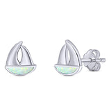 Sail Boat Stud Earring Created Opal Solid 925 Sterling Silver (9mm)