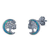 Moon & Tree Stud Earring Created Opal Solid 925 Sterling Silver (10mm)