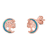 Moon & Tree Stud Earring Created Opal Solid 925 Sterling Silver (10mm)