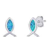 Fish Stud Earring Created Opal Solid 925 Sterling Silver (8.6mm)