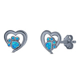 Heart & Paw Print Stud Earring Created Opal Solid 925 Sterling Silver (9.1mm)