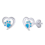 Heart & Paw Print Stud Earring Created Opal Solid 925 Sterling Silver (9.1mm)