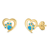 Heart & Paw Print Stud Earring Created Opal Solid 925 Sterling Silver (9.1mm)