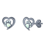 Heart & Paw Print Stud Earring Created Opal Solid 925 Sterling Silver (9.1mm)