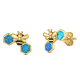 Lucky Honey Bee Print Stud Earring Created Opal Solid 925 Sterling Silver (8.7mm)