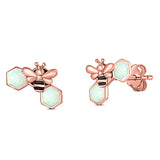 Lucky Honey Bee Print Stud Earring Created Opal Solid 925 Sterling Silver (8.7mm)