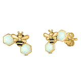 Lucky Honey Bee Print Stud Earring Created Opal Solid 925 Sterling Silver (8.7mm)