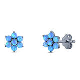 Art Deco Round Flower Design Stud Earring Created Opal Solid 925 Sterling Silver (6.3mm)