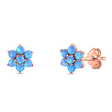 Art Deco Round Flower Design Stud Earring Created Opal Solid 925 Sterling Silver (6.3mm)