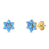 Art Deco Round Flower Design Stud Earring Created Opal Solid 925 Sterling Silver (6.3mm)