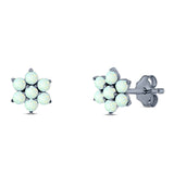 Art Deco Round Flower Design Stud Earring Created Opal Solid 925 Sterling Silver (6.3mm)