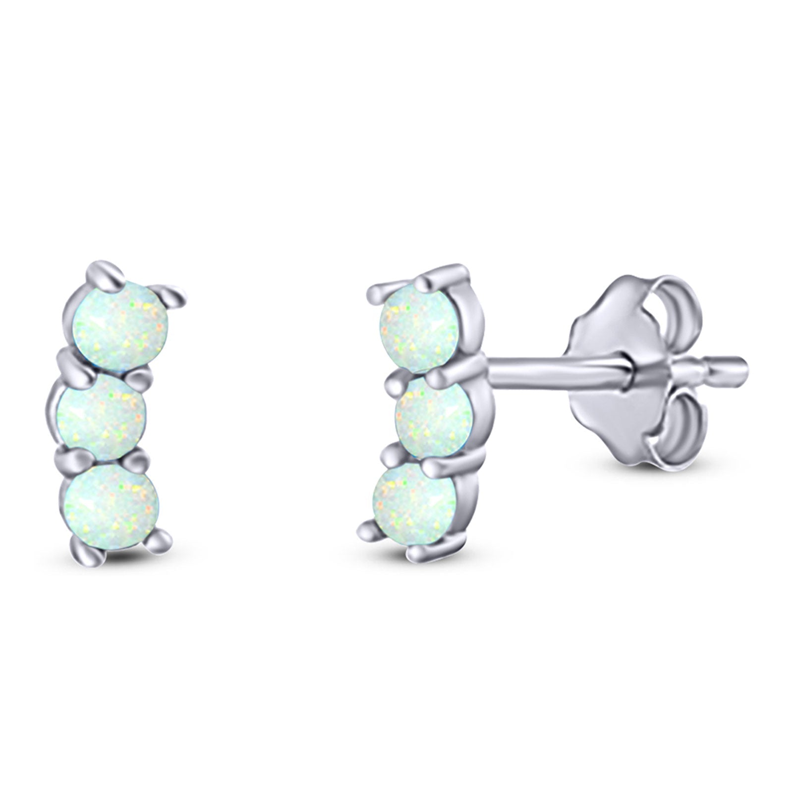 Art Deco Three Stone Style Stud Earring Round Created Opal Solid 925 Sterling Silver (7mm)