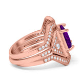 Princess Cut Vintage Art Deco Three Piece Bridal Set Wedding Ring Band Round Simulated Cubic Zirconia 925 Sterling Silver