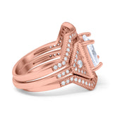Princess Cut Vintage Art Deco Three Piece Bridal Set Wedding Ring Band Round Simulated Cubic Zirconia 925 Sterling Silver