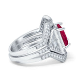 Princess Cut Vintage Art Deco Three Piece Bridal Set Wedding Ring Band Round Simulated Cubic Zirconia 925 Sterling Silver