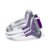 Three Piece Ring Band Flower Art Deco Princess Cut Wedding Bridal Ring Round Amethyst Simulated Cubic Zirconia 925 Sterling Silver