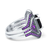 Three Piece Ring Band Flower Art Deco Princess Cut Wedding Bridal Ring Round Amethyst Simulated Cubic Zirconia 925 Sterling Silver