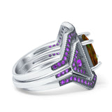 Three Piece Ring Band Flower Art Deco Princess Cut Wedding Bridal Ring Round Amethyst Simulated Cubic Zirconia 925 Sterling Silver
