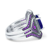 Three Piece Ring Band Flower Art Deco Princess Cut Wedding Bridal Ring Round Amethyst Simulated Cubic Zirconia 925 Sterling Silver