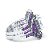 Three Piece Ring Band Flower Art Deco Princess Cut Wedding Bridal Ring Round Amethyst Simulated Cubic Zirconia 925 Sterling Silver