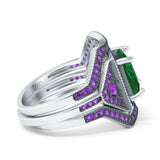 Three Piece Ring Band Flower Art Deco Princess Cut Wedding Bridal Ring Round Amethyst Simulated Cubic Zirconia 925 Sterling Silver