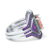 Three Piece Ring Band Flower Art Deco Princess Cut Wedding Bridal Ring Round Amethyst Simulated Cubic Zirconia 925 Sterling Silver