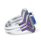 Three Piece Ring Band Flower Art Deco Princess Cut Wedding Bridal Ring Round Amethyst Simulated Cubic Zirconia 925 Sterling Silver