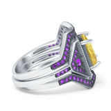 Three Piece Ring Band Flower Art Deco Princess Cut Wedding Bridal Ring Round Amethyst Simulated Cubic Zirconia 925 Sterling Silver