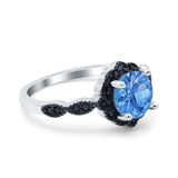 Flower Art Deco Wedding Ring Round Black Simulated Cubic Zirconia 925 Sterling Silver