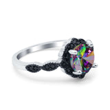 Flower Art Deco Wedding Ring Round Black Simulated Cubic Zirconia 925 Sterling Silver