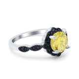 Flower Art Deco Wedding Ring Round Black Simulated Cubic Zirconia 925 Sterling Silver