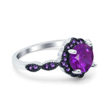 Flower Art Deco Engagement Ring Round Amethyst Simulated Cubic Zirconia 925 Sterling Silver