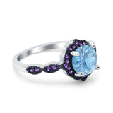 Flower Art Deco Engagement Ring Round Amethyst Simulated Cubic Zirconia 925 Sterling Silver