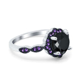 Flower Art Deco Engagement Ring Round Amethyst Simulated Cubic Zirconia 925 Sterling Silver