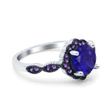 Flower Art Deco Engagement Ring Round Amethyst Simulated Cubic Zirconia 925 Sterling Silver