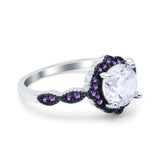 Flower Art Deco Engagement Ring Round Amethyst Simulated Cubic Zirconia 925 Sterling Silver