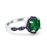 Flower Art Deco Engagement Ring Round Amethyst Simulated Cubic Zirconia 925 Sterling Silver