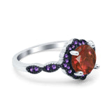 Flower Art Deco Engagement Ring Round Amethyst Simulated Cubic Zirconia 925 Sterling Silver