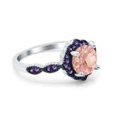 Flower Art Deco Engagement Ring Round Amethyst Simulated Cubic Zirconia 925 Sterling Silver