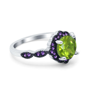 Flower Art Deco Engagement Ring Round Amethyst Simulated Cubic Zirconia 925 Sterling Silver