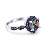 Flower Art Deco Engagement Ring Round Amethyst Simulated Cubic Zirconia 925 Sterling Silver