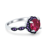 Flower Art Deco Engagement Ring Round Amethyst Simulated Cubic Zirconia 925 Sterling Silver