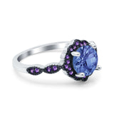 Flower Art Deco Engagement Ring Round Amethyst Simulated Cubic Zirconia 925 Sterling Silver