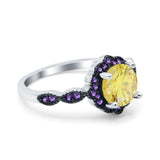 Flower Art Deco Engagement Ring Round Amethyst Simulated Cubic Zirconia 925 Sterling Silver