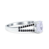 Split Shank Halo Oval Wedding Engagement Ring Round Black Simulated Cubic Zirconia 925 Sterling Silver